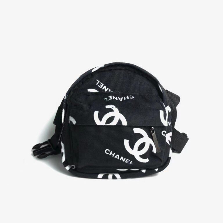 Black canvas dog backpack with Chanel style interlocking logo pattern