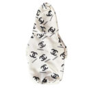 White dog hoodie with black Chanel logos all-over print inspired by Chanel