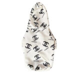 White dog hoodie with black Chanel logos all-over print inspired by Chanel