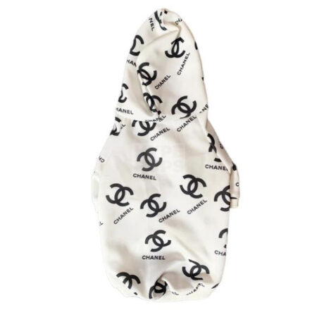 White dog hoodie with black Chanel logos all-over print inspired by Chanel