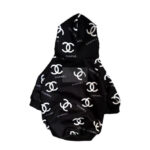 Black dog hoodie with white Chanel logos all-over monogram pattern
