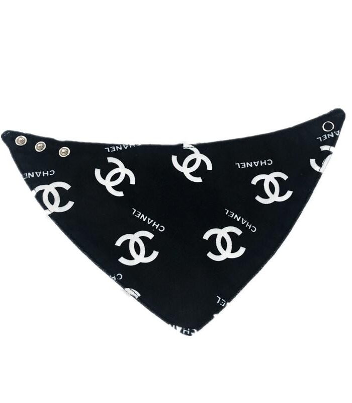 Black triangle dog bandana with white interlocking logo print Chanel inspired