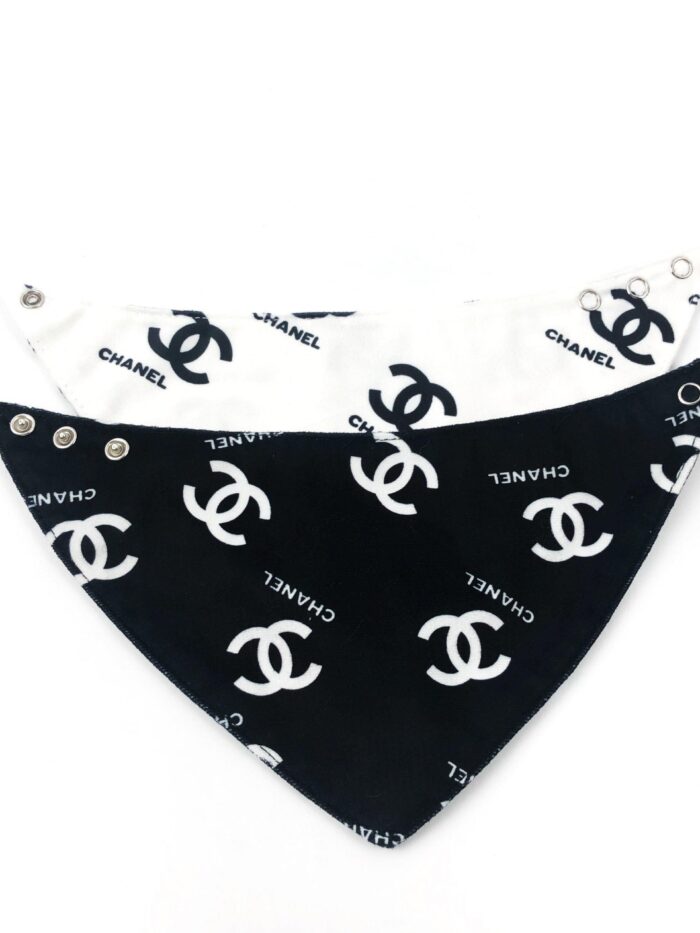 Black and white triangle dog bandanas with Chanel logo print and snap closures