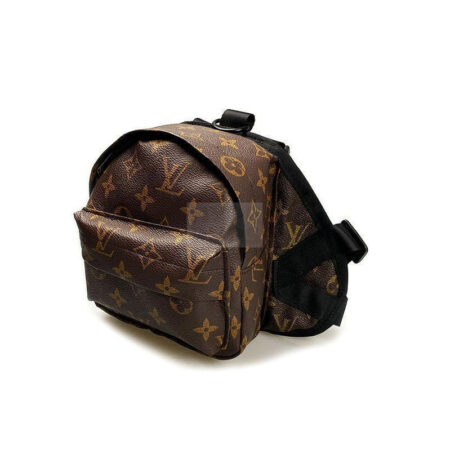 Brown monogram dog backpack side angle showing adjustable straps and compartments
