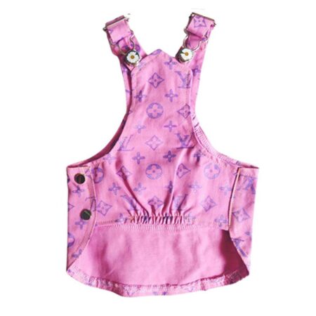 Purple monogram dog overalls with cross-back straps inspired by Louis Vuitton on white background