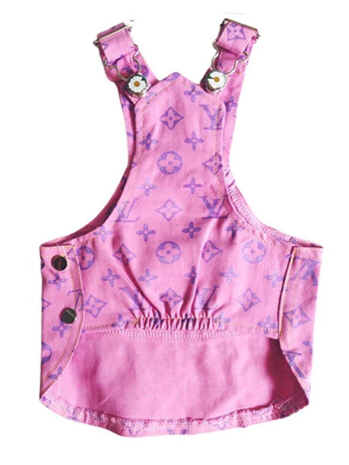 Purple monogram dog overalls with cross-back straps inspired by Louis Vuitton on white background