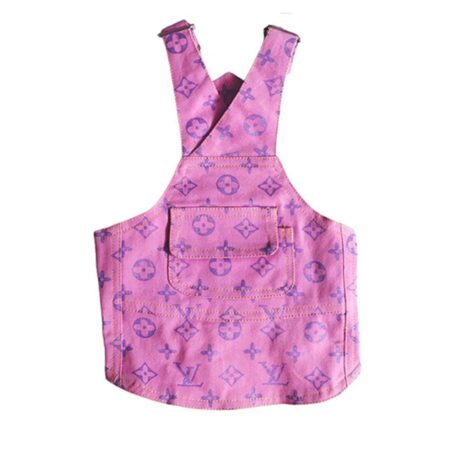 Back view of purple V monogram dog overalls showing snap closures and elastic waistband