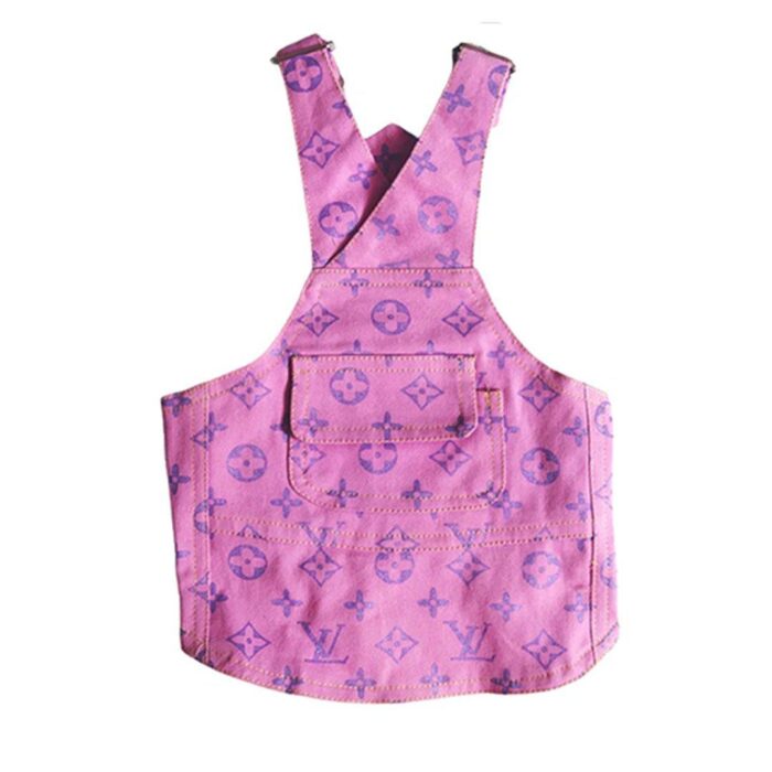 Back view of purple V monogram dog overalls showing snap closures and elastic waistband