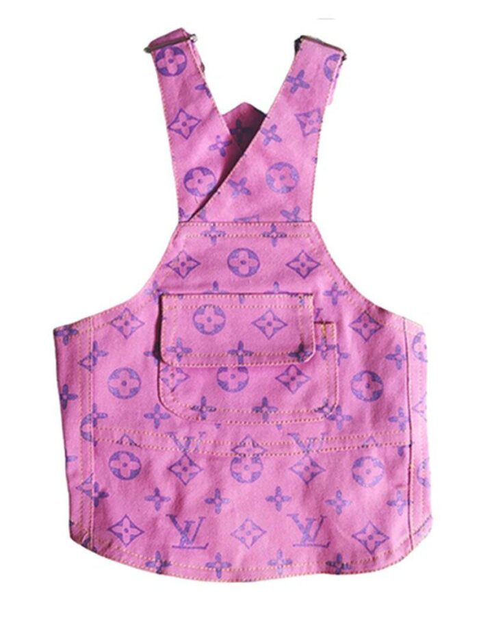 Back view of purple V monogram dog overalls showing snap closures and elastic waistband