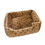 Brown V monogram faux fur dog bed with white piping trim luxury style