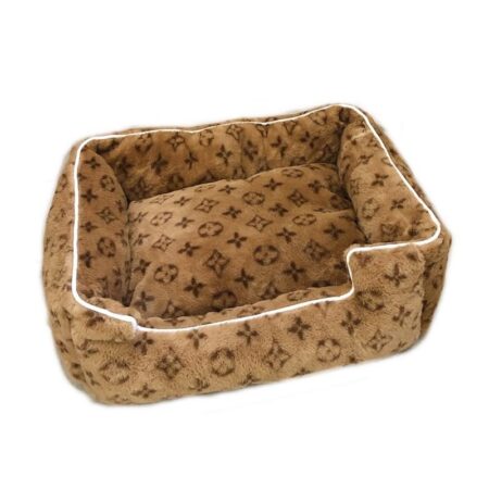 Brown V monogram faux fur dog bed with white piping trim luxury style