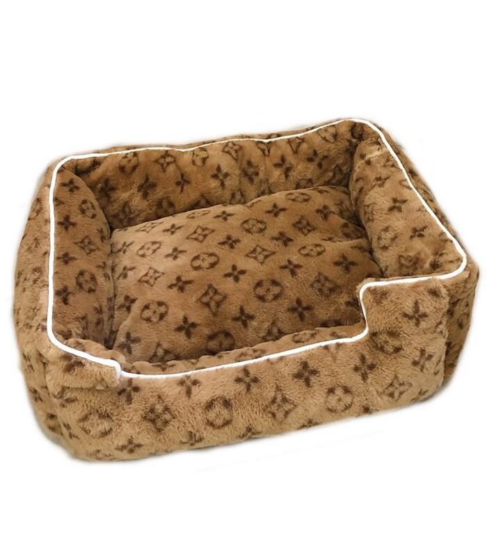 Brown V monogram faux fur dog bed with white piping trim luxury style