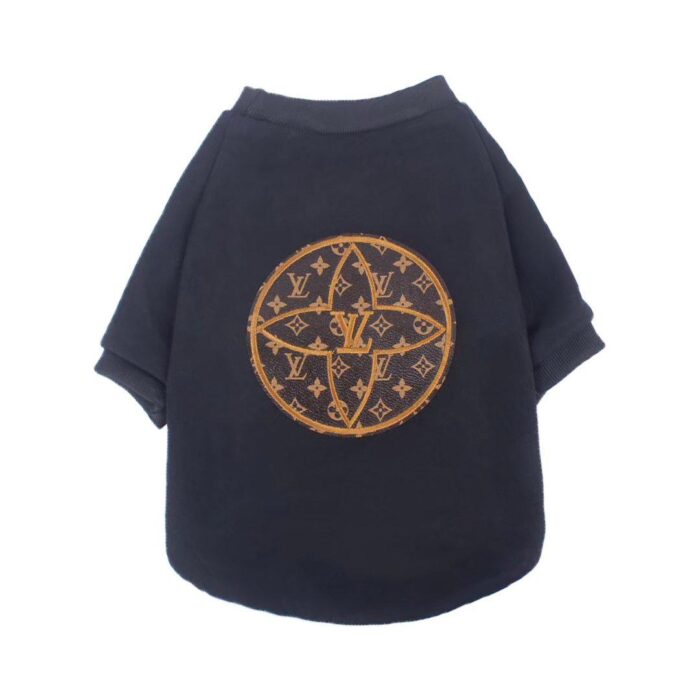 Black crewneck dog sweatshirt with Louis Vuitton inspired monogram circle patch on back