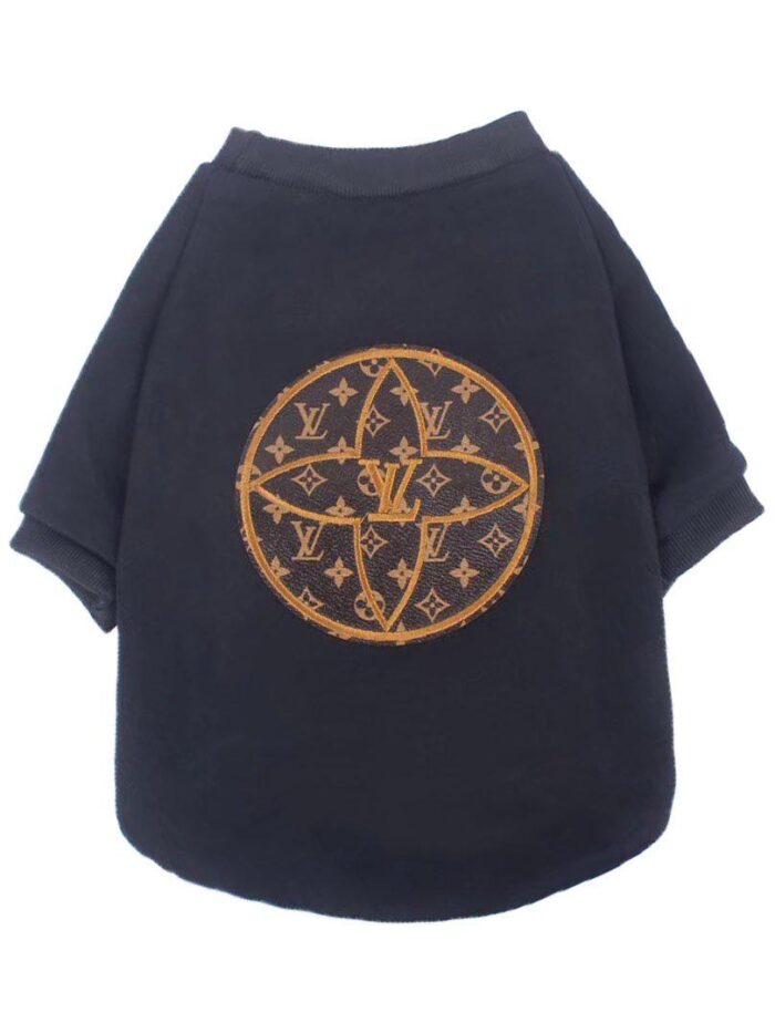 Black crewneck dog sweatshirt with Louis Vuitton inspired monogram circle patch on back