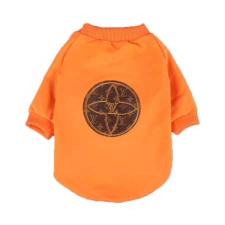 Orange crewneck dog sweatshirt with brown monogram circle patch Louis Vuitton style