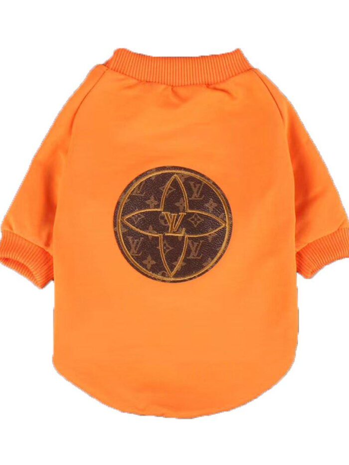 Orange crewneck dog sweatshirt with brown monogram circle patch Louis Vuitton style