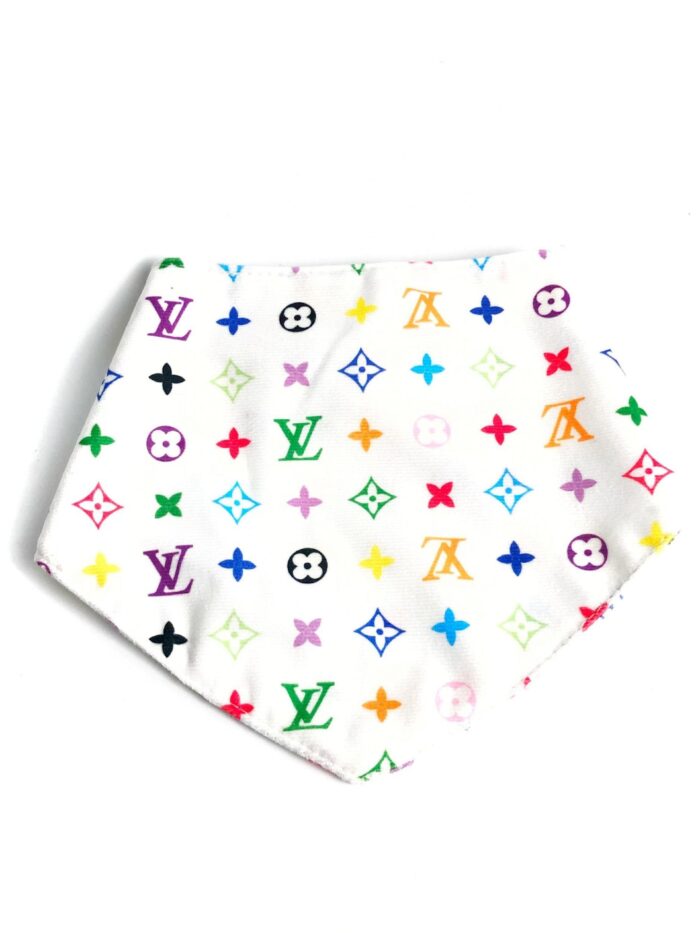 White triangle dog bandana with multicolor Louis Vuitton inspired V monogram print