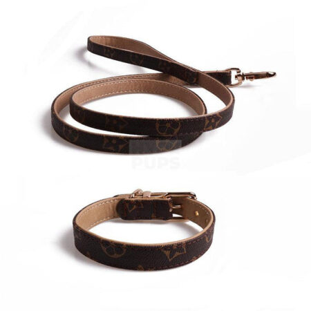 Brown monogram dog collar and leash Louis Vuitton style with gold hardware