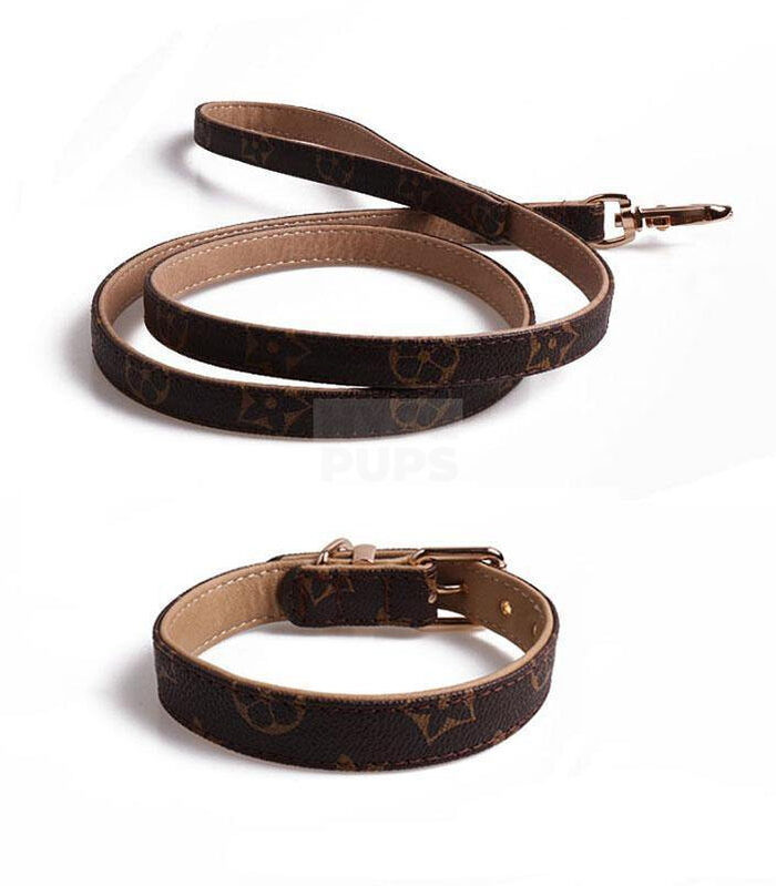 Brown monogram dog collar and leash Louis Vuitton style with gold hardware