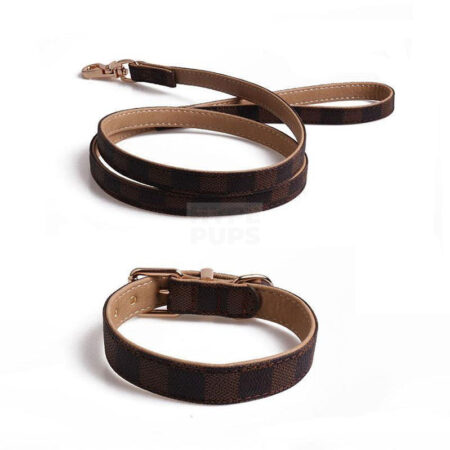 Brown V monogram dog collar and leash set with tan leather trim and gold buckle