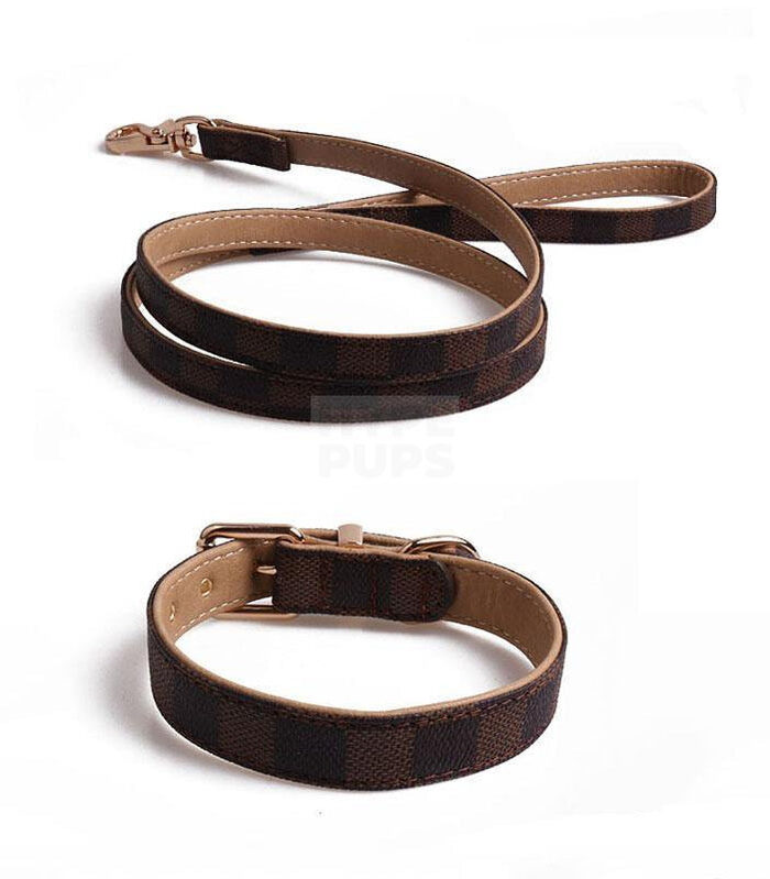 Brown V monogram dog collar and leash set with tan leather trim and gold buckle
