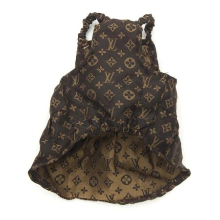 Brown monogram dog dress Louis Vuitton inspired with ruffle straps flat lay
