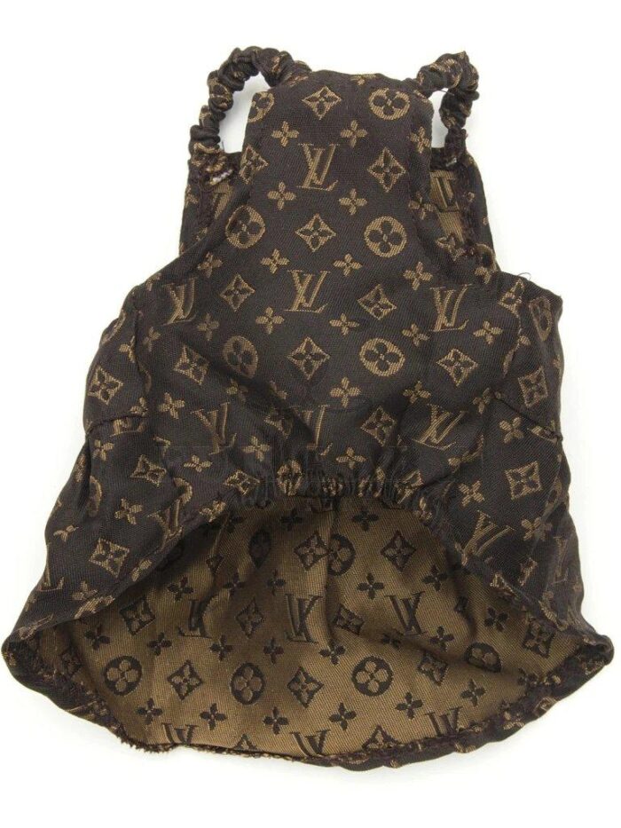 Brown monogram dog dress Louis Vuitton inspired with ruffle straps flat lay