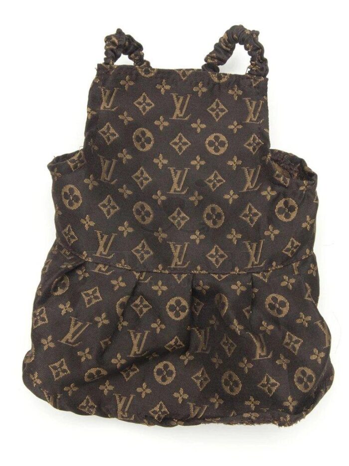 Brown and tan V monogram dress with gathered waist and ruffle shoulder straps