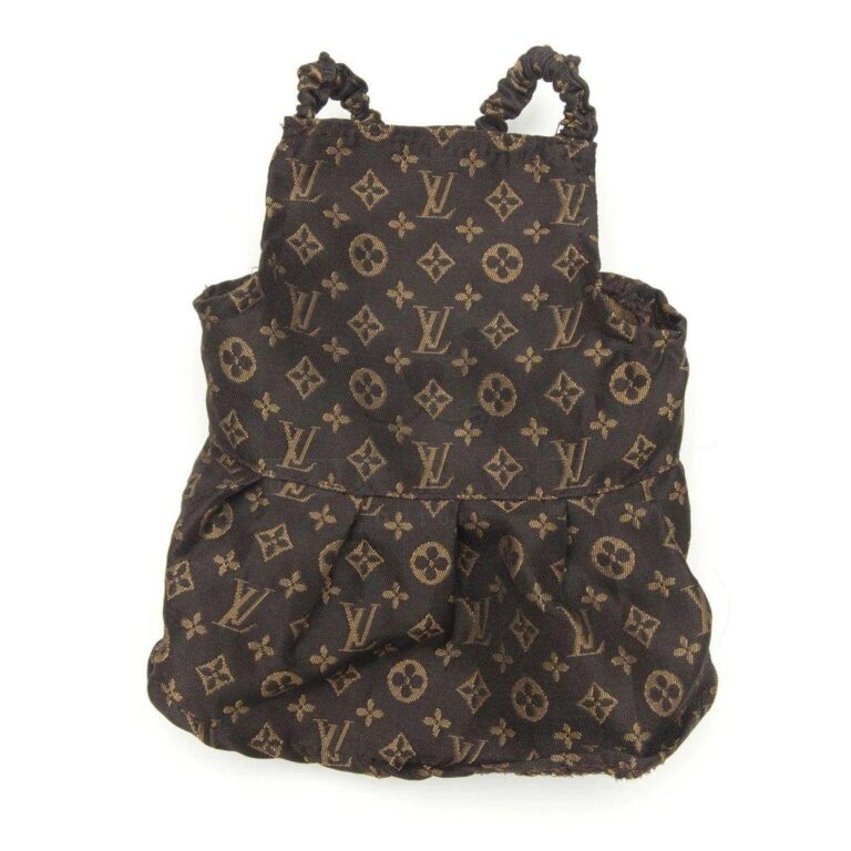 Brown and tan V monogram dress with gathered waist and ruffle shoulder straps