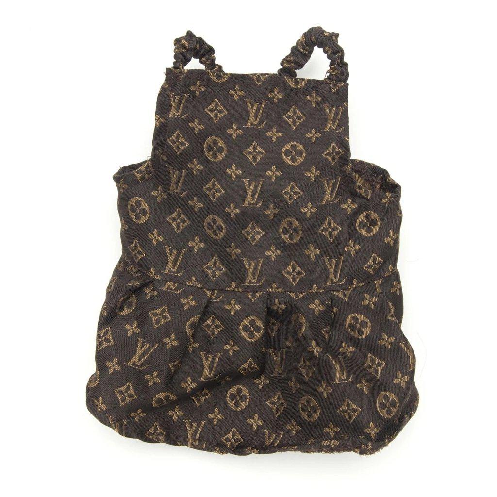 Brown and tan V monogram dress with gathered waist and ruffle shoulder straps
