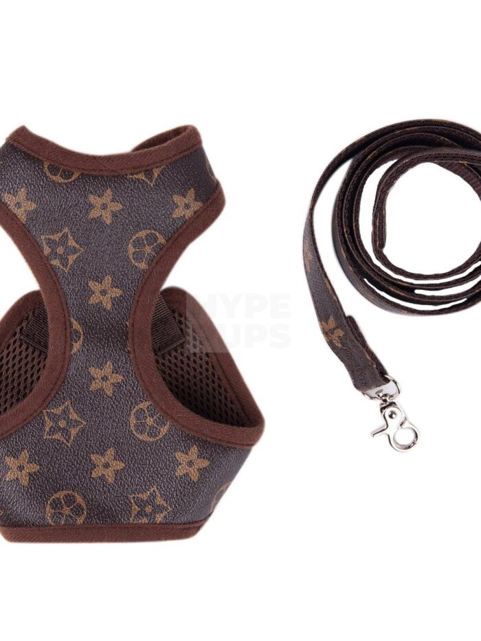 Brown monogram dog harness and leash set Louis Vuitton inspired with mesh panels
