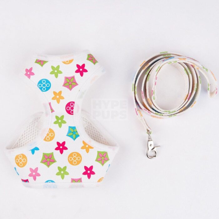 White monogram dog harness and leash set with colorful LV style print and buckle closure