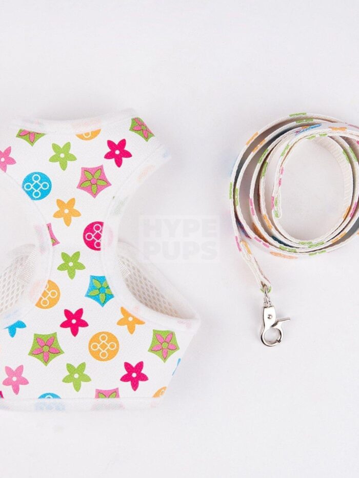 White monogram dog harness and leash set with colorful LV style print and buckle closure