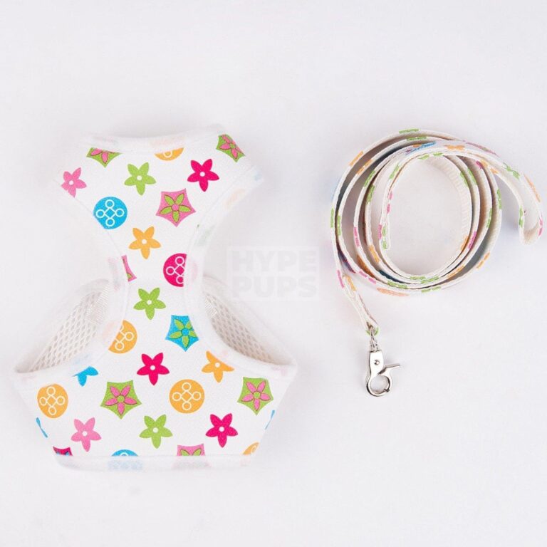 White monogram dog harness and leash set with colorful LV style print and buckle closure