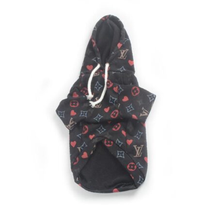Black dog hoodie with colorful LV monogram pattern featuring hearts and stars inspired by Louis Vuitton