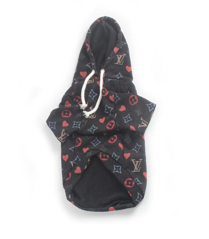 Black dog hoodie with colorful LV monogram pattern featuring hearts and stars inspired by Louis Vuitton