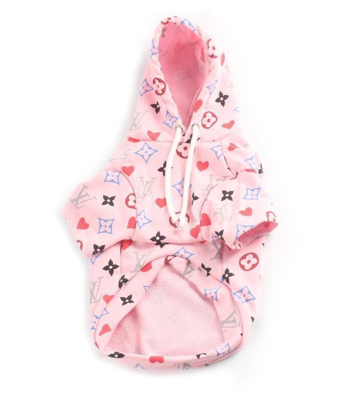 Pink dog hoodie with multicolor monogram print LV style with kangaroo pocket and hood