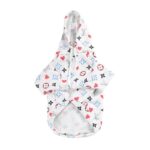 White dog hoodie Louis Vuitton inspired with colorful monogram hearts pattern and drawstring hood