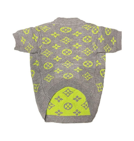 Grey knit dog sweater with neon V monogram pattern Louis Vuitton inspired flat lay
