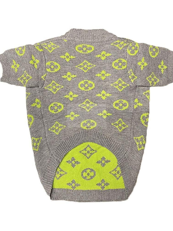 Grey knit dog sweater with neon V monogram pattern Louis Vuitton inspired flat lay