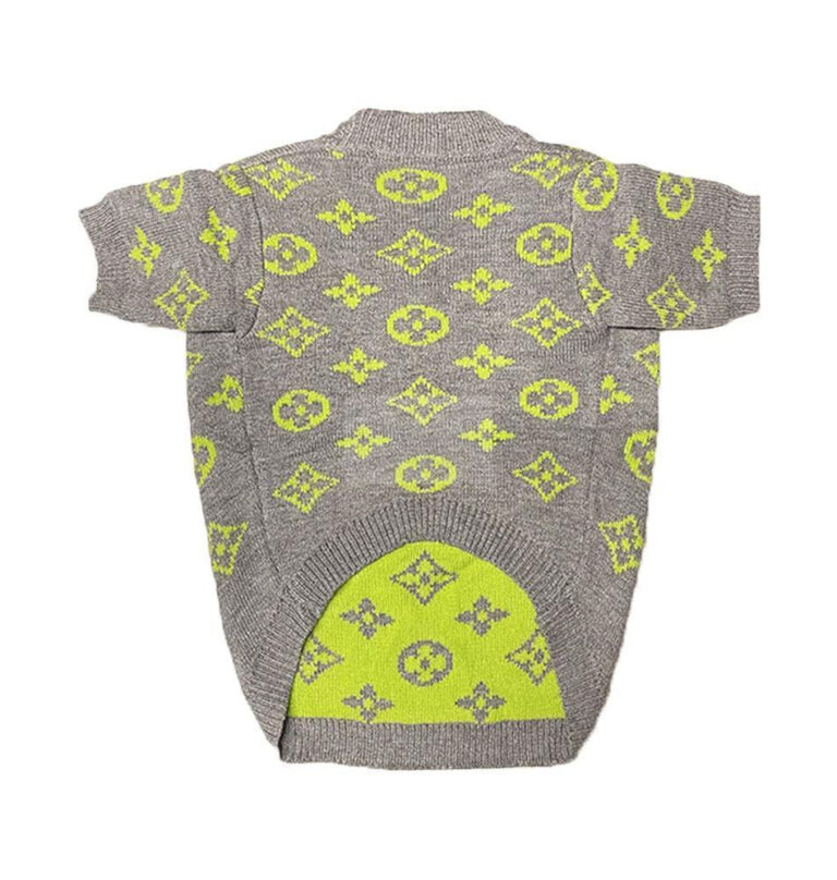 Grey knit dog sweater with neon V monogram pattern Louis Vuitton inspired flat lay