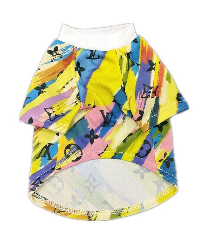 Multicolor painted dog tee Louis Vuitton inspired with monogram print on white background