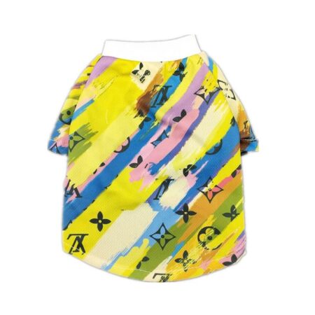Back view painted monogram dog tee with LV style logos in yellow pink blue colors