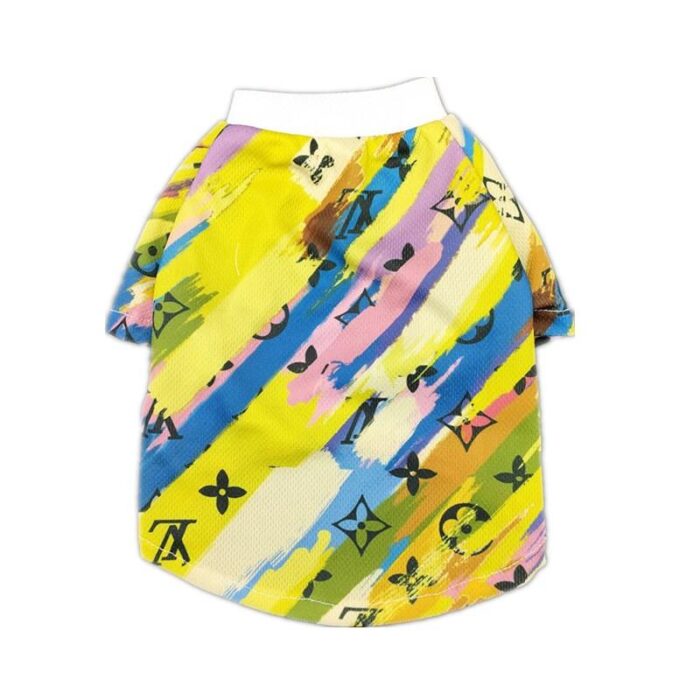 Back view painted monogram dog tee with LV style logos in yellow pink blue colors