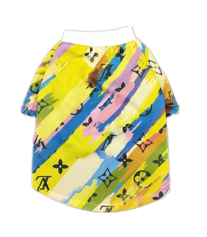 Back view painted monogram dog tee with LV style logos in yellow pink blue colors