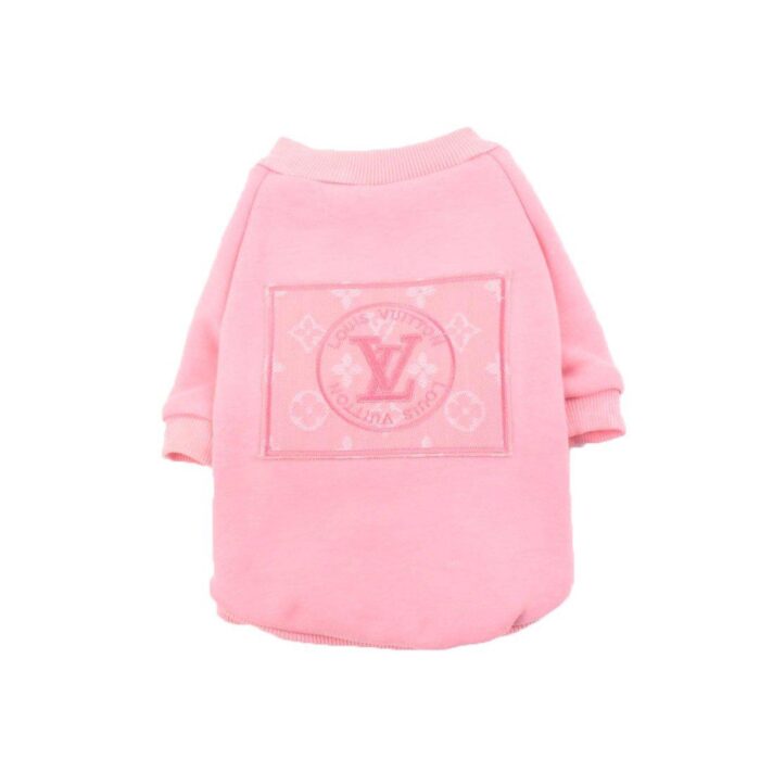 Pink cotton dog sweatshirt Louis Vuitton style with embroidered V monogram patch on back