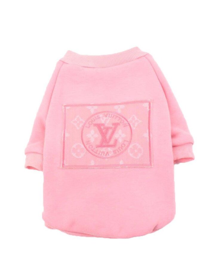 Pink cotton dog sweatshirt Louis Vuitton style with embroidered V monogram patch on back