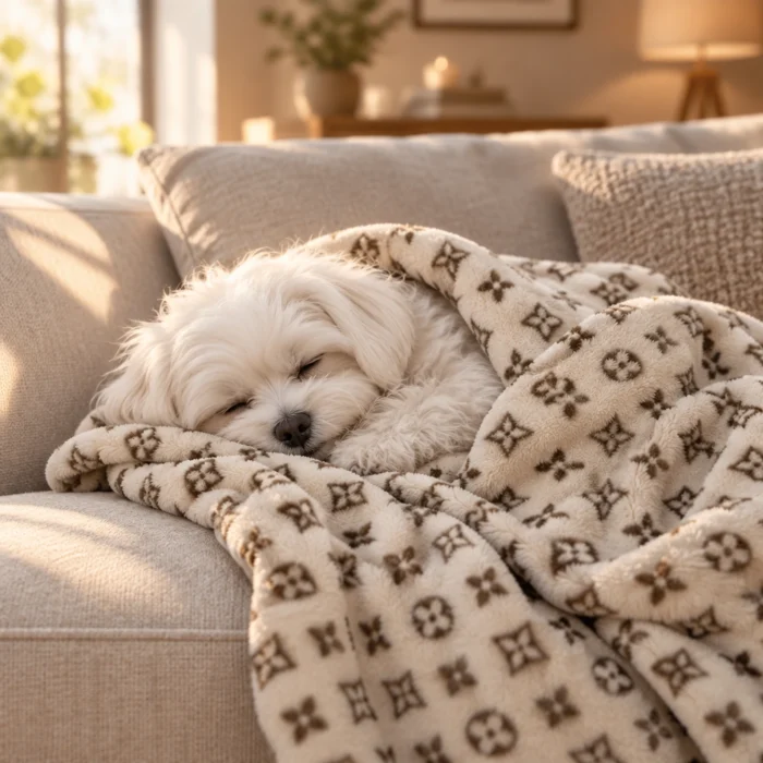 Small white dog asleep on a couch under a beige monogram plush dog blanket inspired by Louis Vuitton
