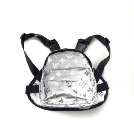 Gray monogram dog backpack with reflective straps Louis Vuitton inspired on white background