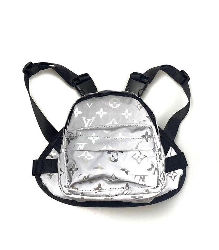 Gray monogram dog backpack with reflective straps Louis Vuitton inspired on white background